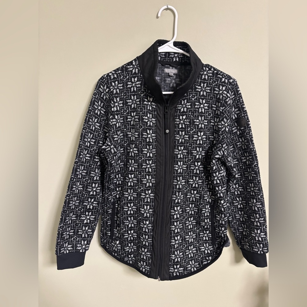 Talbots Geo Snowflake Print Cozy Jacket Womens Size Medium Zip Up Black White